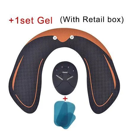 Compact EMS hip muscle training stimulator device with adhesive gel pads for buttocks and abdomen.