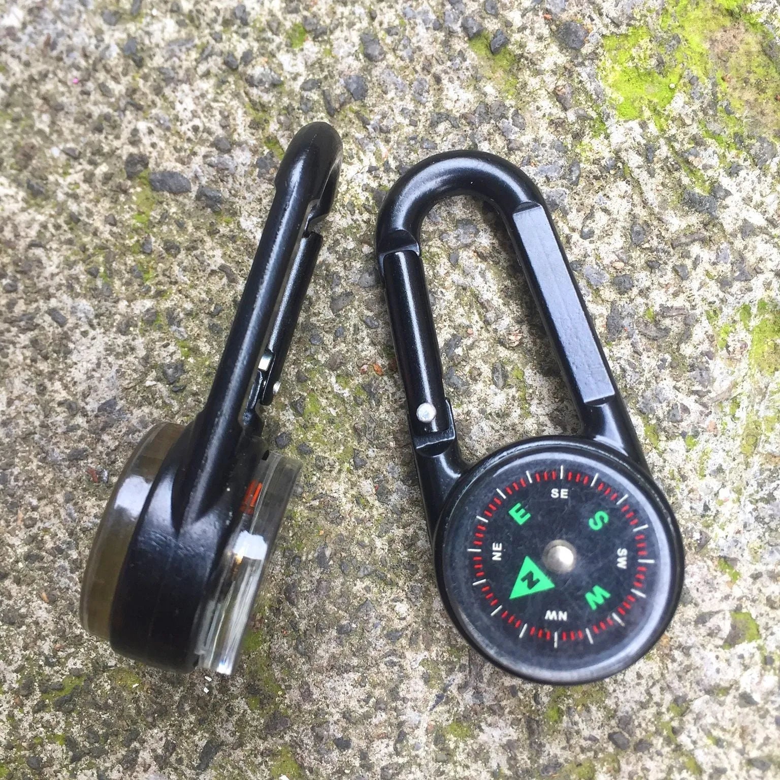 Black Army Green rose gold zinc alloy camping carabiner with thermometer and compass display, shown from the side.