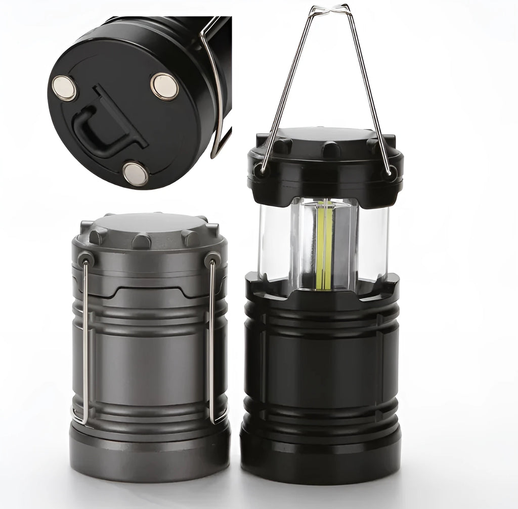 Black battery COB camping tent light with incandescent lamp and 3V power.