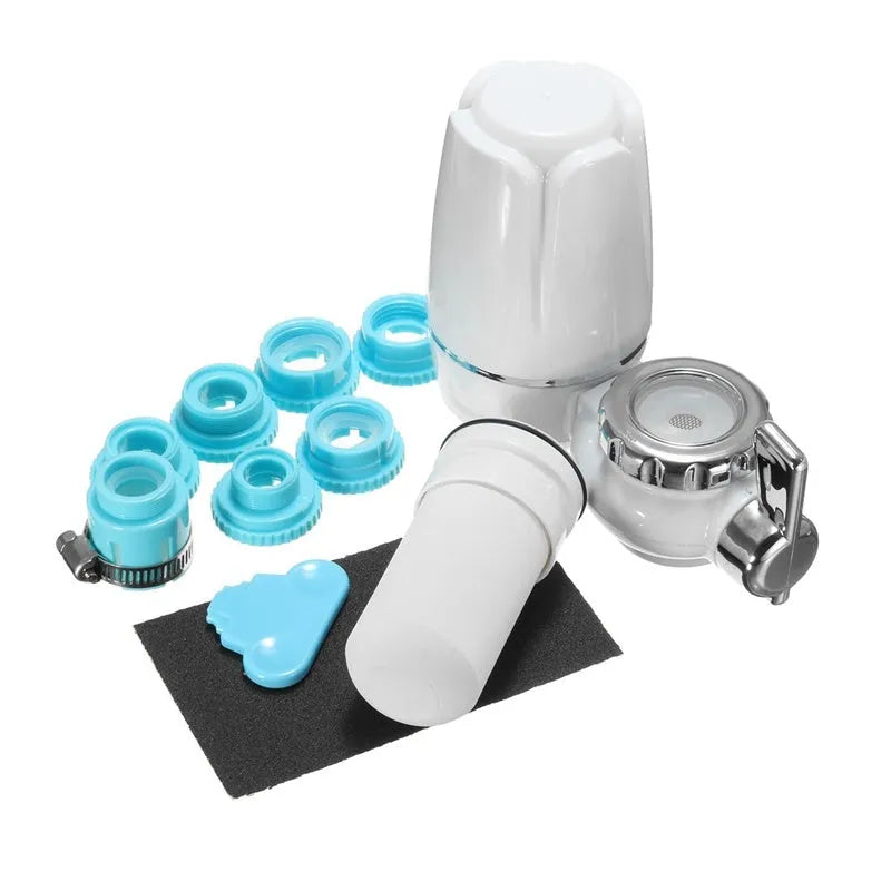 White kitchen faucet water filter with ceramic cartridge and universal thread adapters for tap mounting.