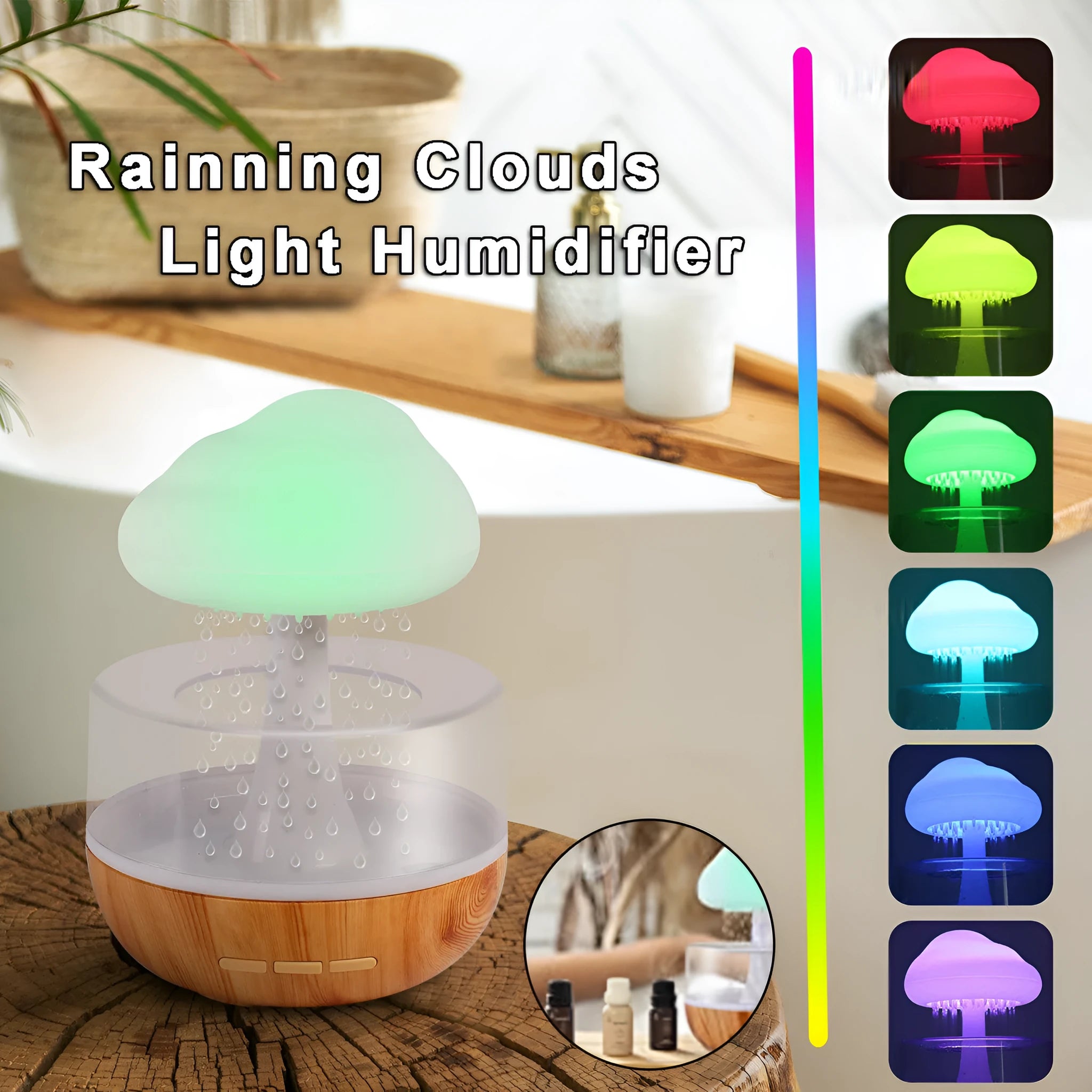 White portable USB humidifier with night light and essential oil diffuser on a wooden surface.