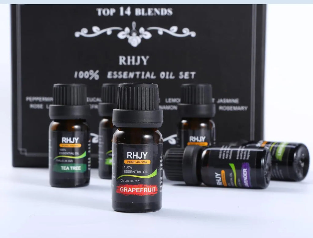 Aromatherapy essential oil set with 14 x 10ml bottles in 14 fragrances including lavender, lemon, and eucalyptus.