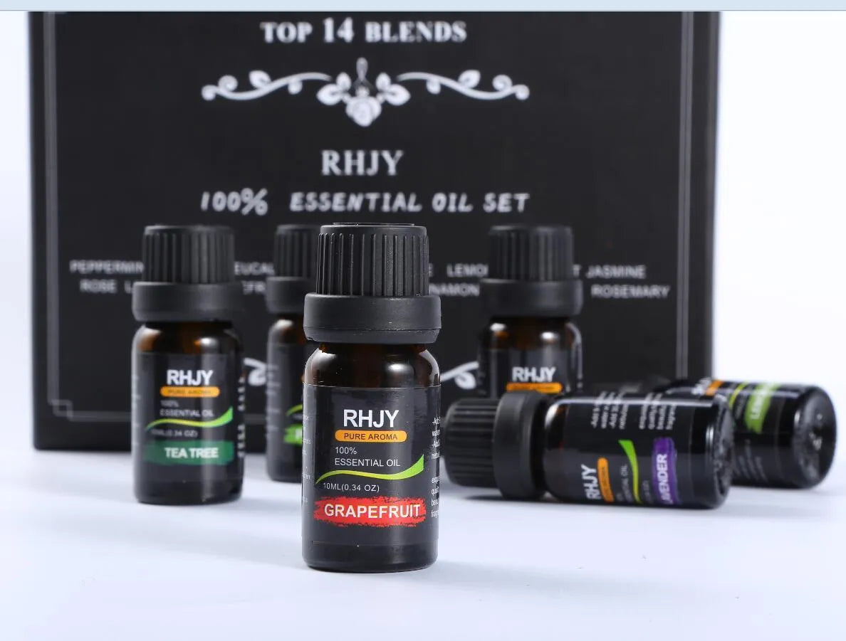 Aromatherapy essential oil set with 14 x 10ml bottles in 14 fragrances including lavender, lemon, and eucalyptus.