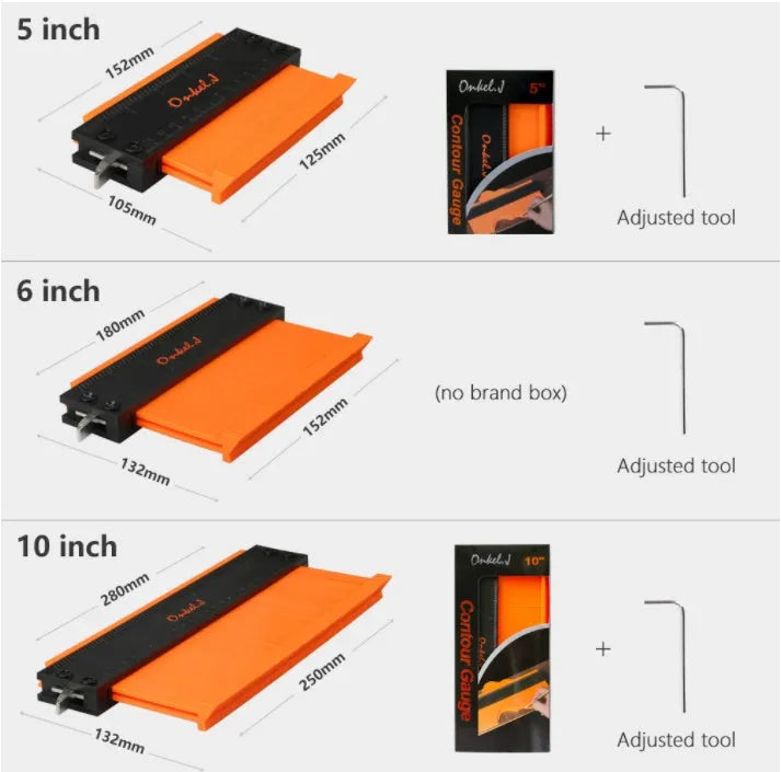 5 and 10 inch orange plastic contour gauge with teeth for copying shapes, on a tile surface