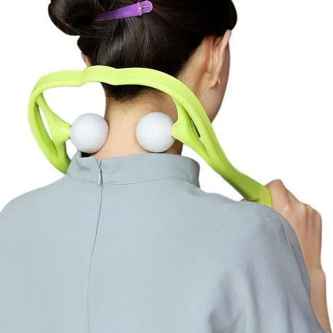 Blue plastic swan-shaped neck massager hand roller with 3D floating points on a white background.