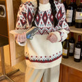 Red and white striped loose retro knitted pullover top with long sleeves
