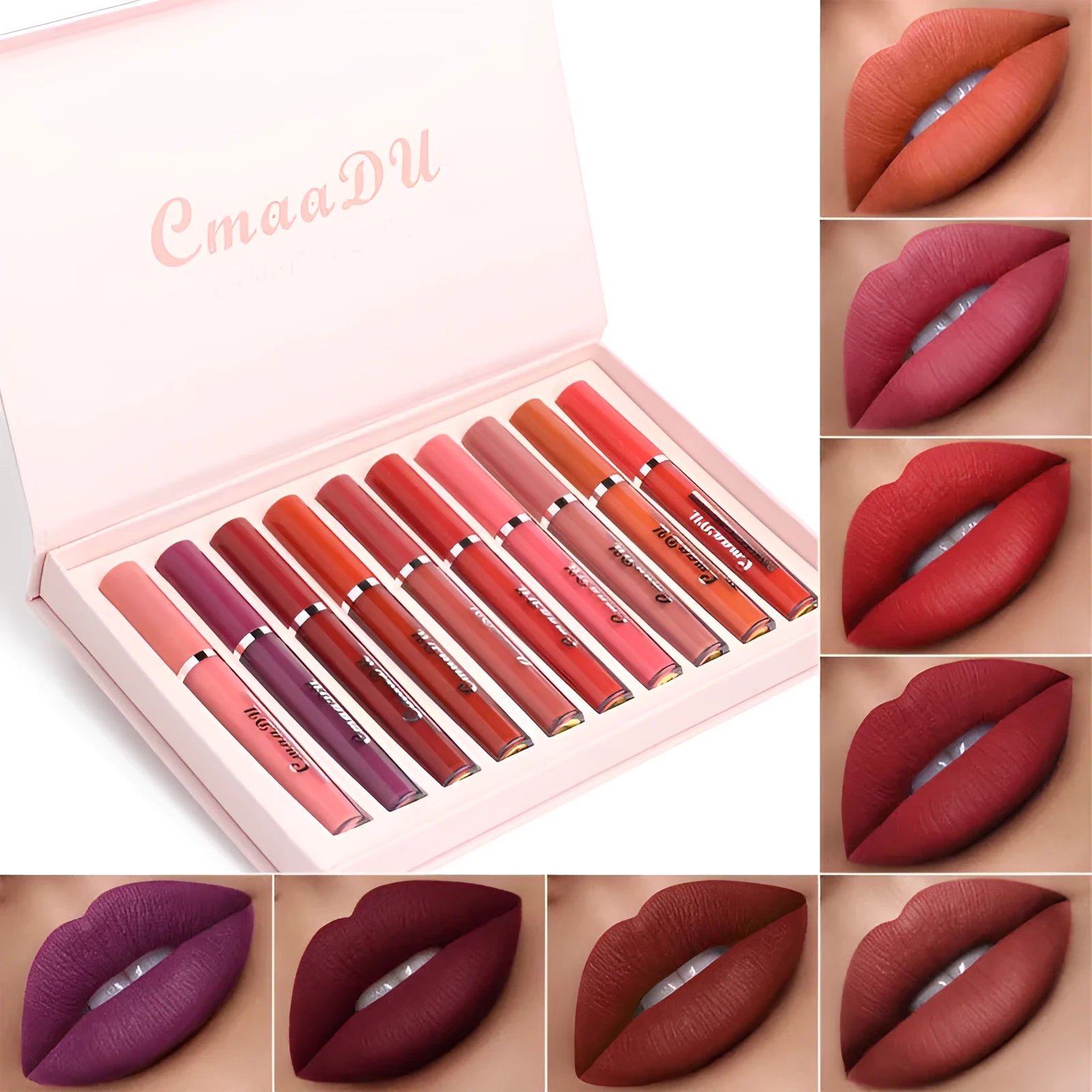 10-pack women's waterproof matte lipstick set with compact packaging and photo-ready colours