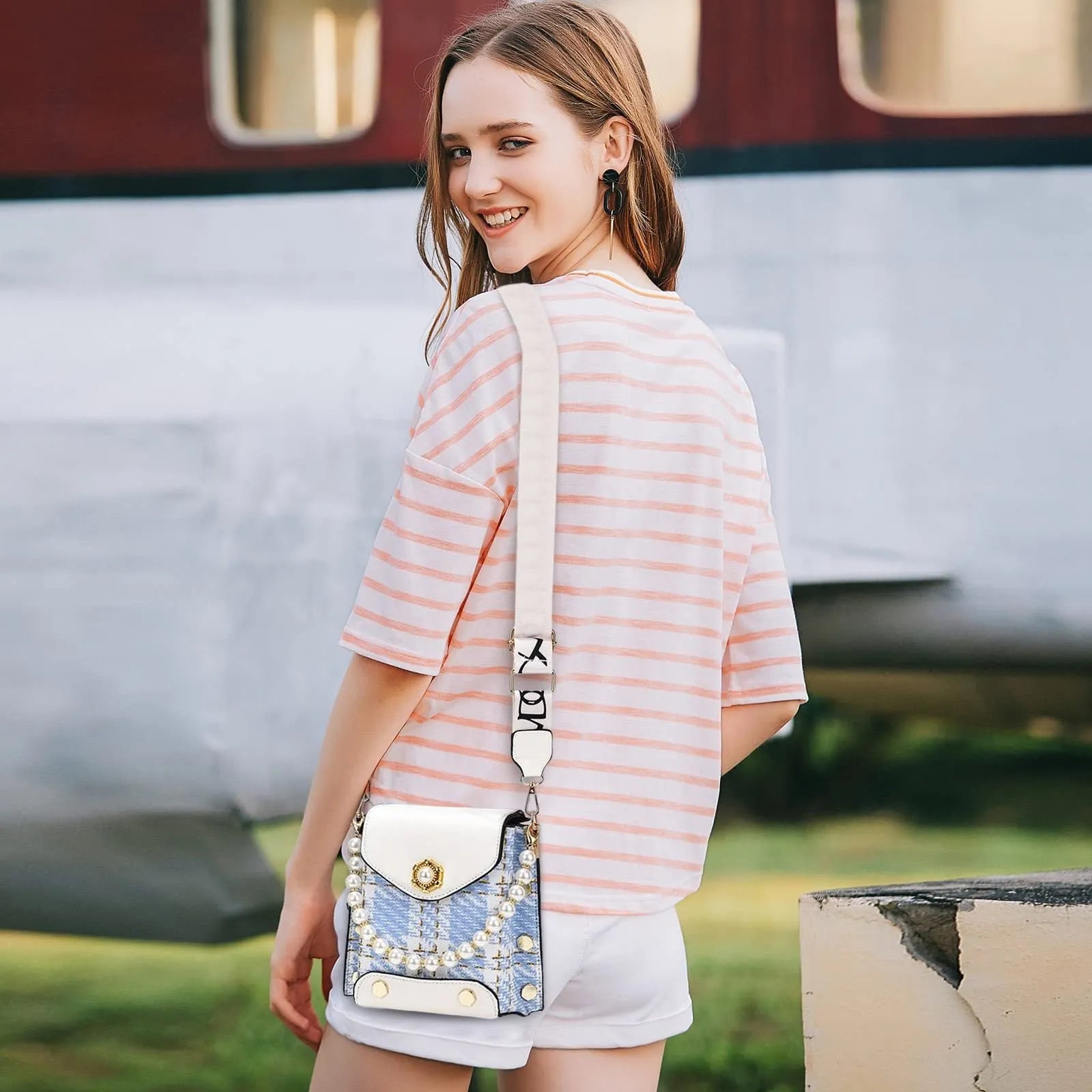 Women's crossbody phone bag in PU leather with pearl pendant and gold metal studs, magnetic flap closure
