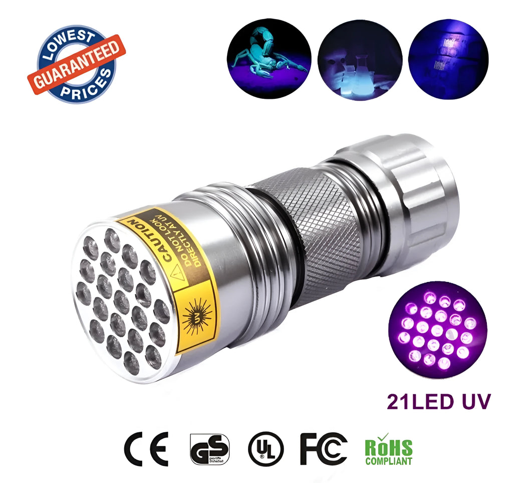 21 LED UV flashlight in silver with 395-400 nm violet light, aluminium alloy body, 95 mm length, 35 mm diameter, tail clickie switch.