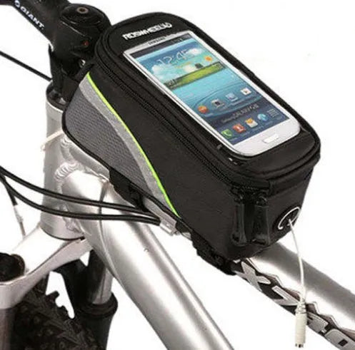 ROSWHEEL black PVC bicycle phone bag mounted on a bike frame, showing an iPhone inside.