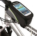ROSWHEEL black PVC bicycle phone bag mounted on a bike frame, showing an iPhone inside.