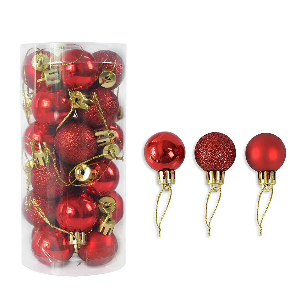 Assortment of 3cm diameter shiny matte plastic Christmas baubles in gold, red, silver, blue, and pink colours.