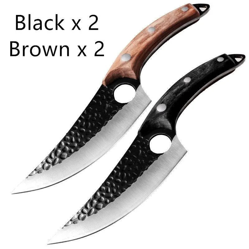 Butcher knife set with small curved scimitar and boning knife in leather sheath