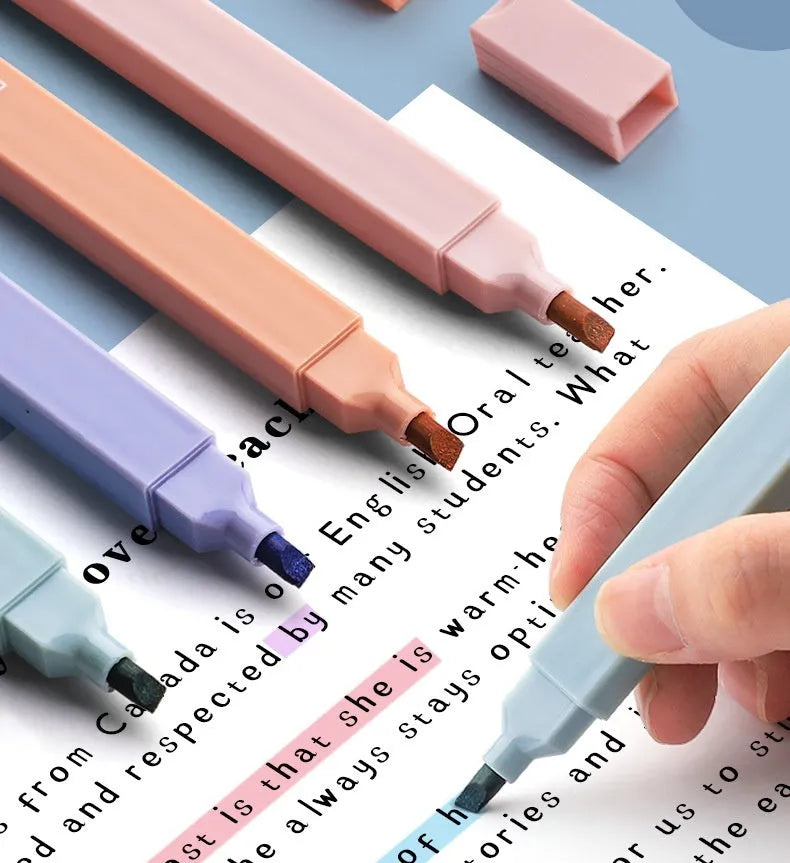 A set of double-ended fluorescent marker pens showing two coloured tips, arranged in a pack.