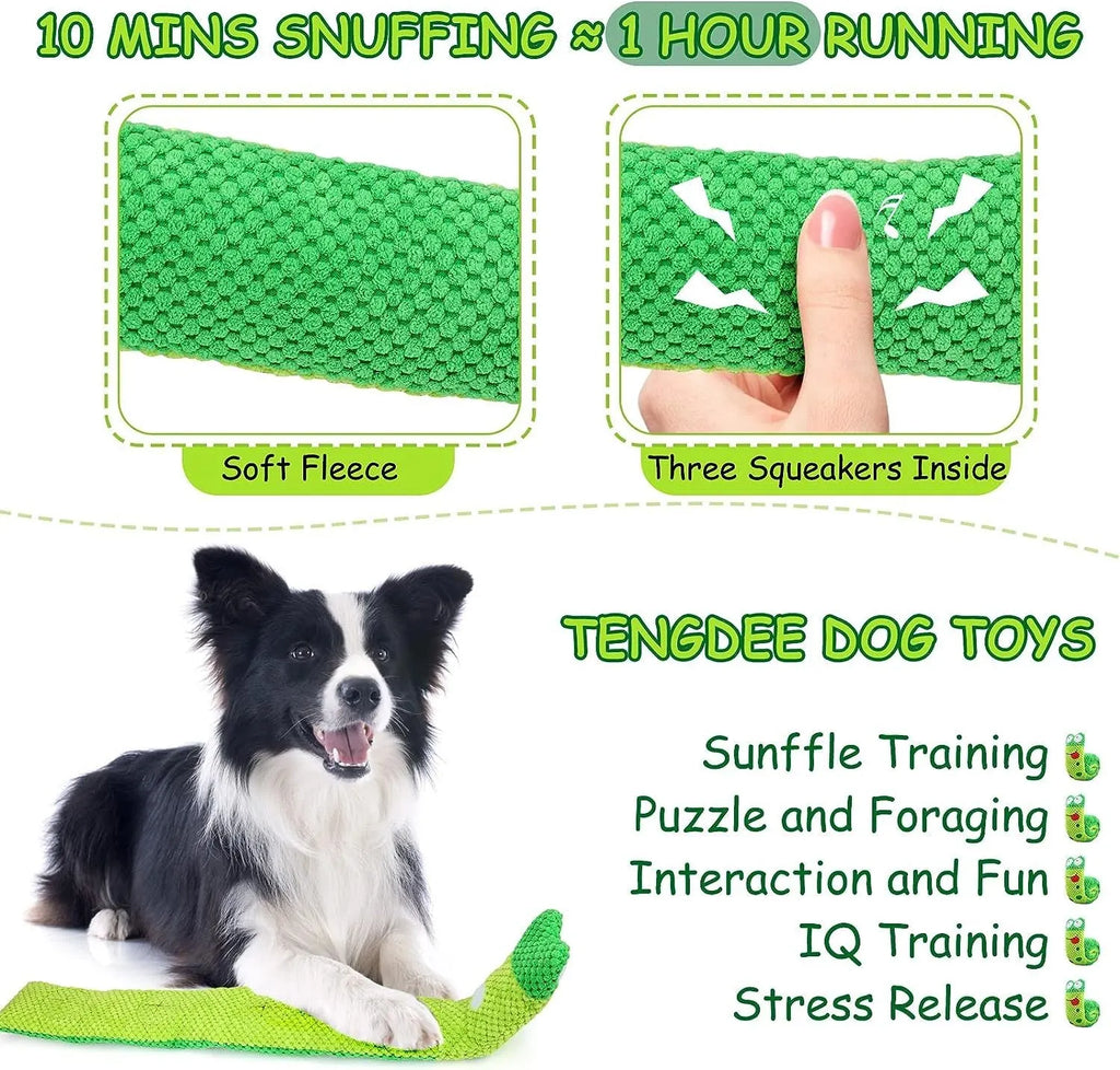 Green frog-shaped velvet dog squeak toy with hidden food holes for foraging puzzles.
