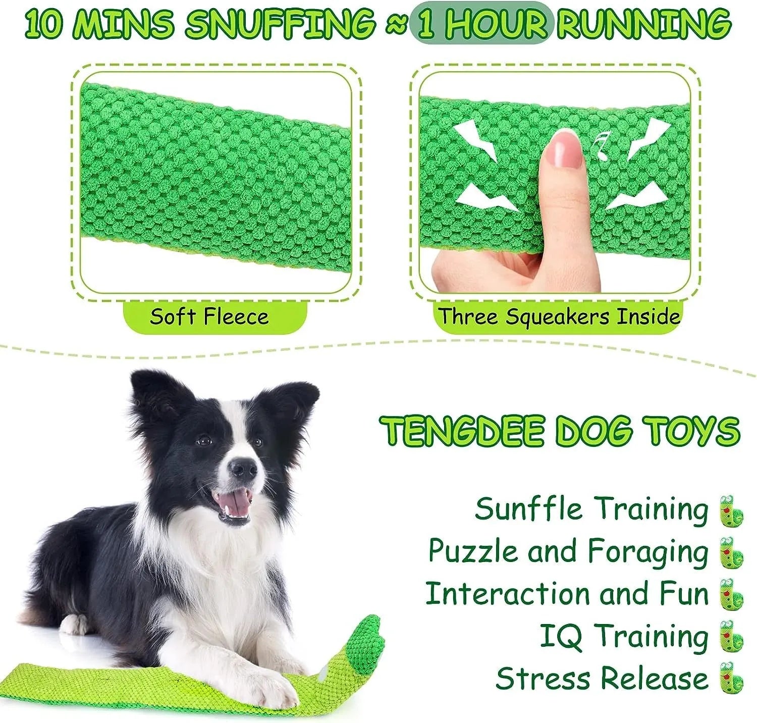 Green frog-shaped velvet dog squeak toy with hidden food holes for foraging puzzles.