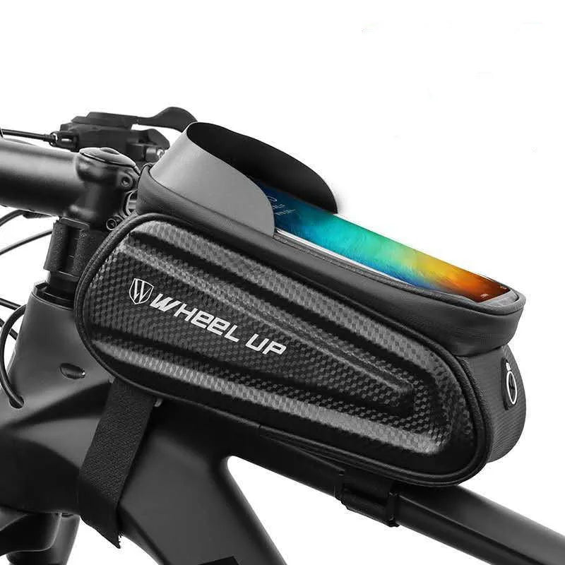 Black and grey EVA bicycle phone bag with reflective strip mounted on a bike frame tube