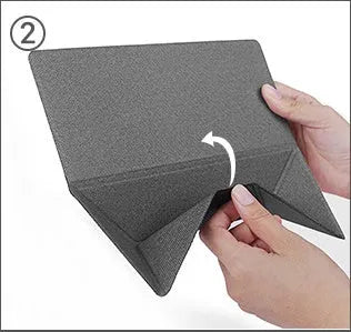 Blue portable laptop cooling bracket with anti-slip surface, shown open in use and folded for storage.