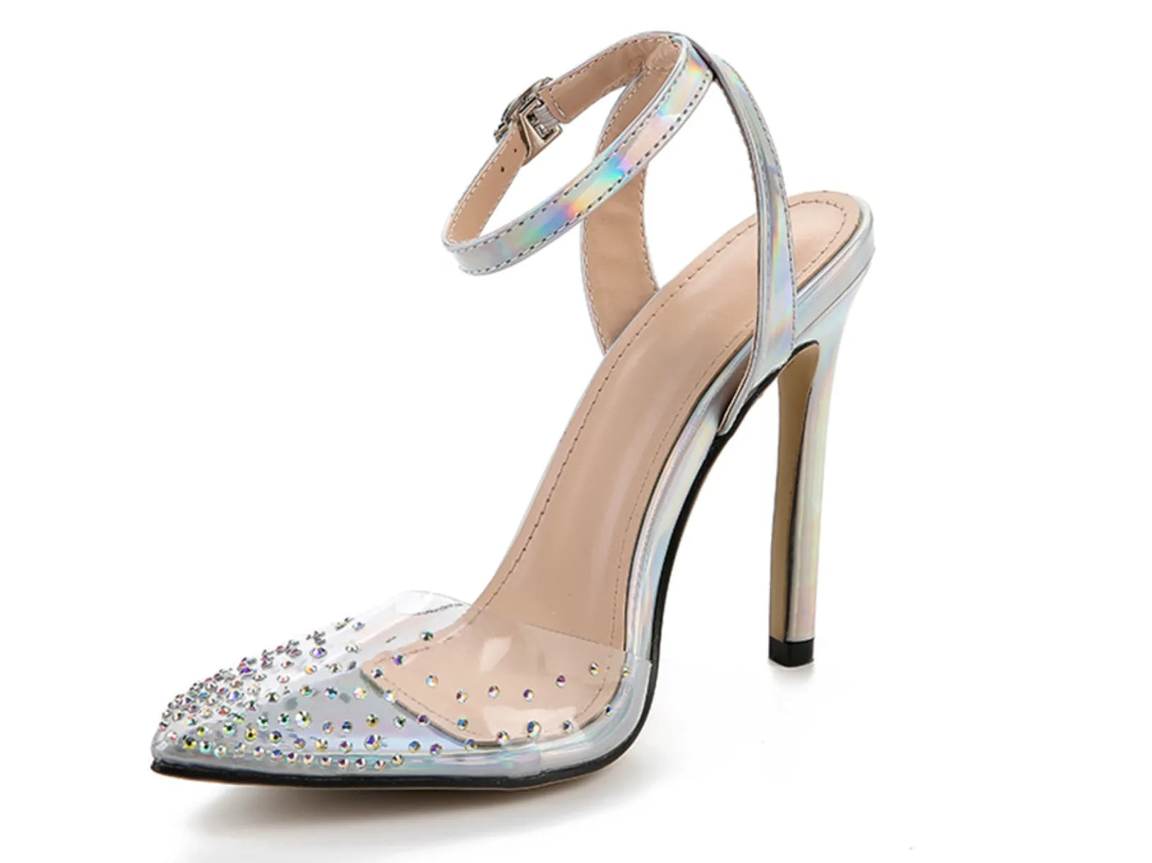 Women's pointed toe stiletto sandals with a diamond embellishment on the PVC upper and an adjustable ankle strap.