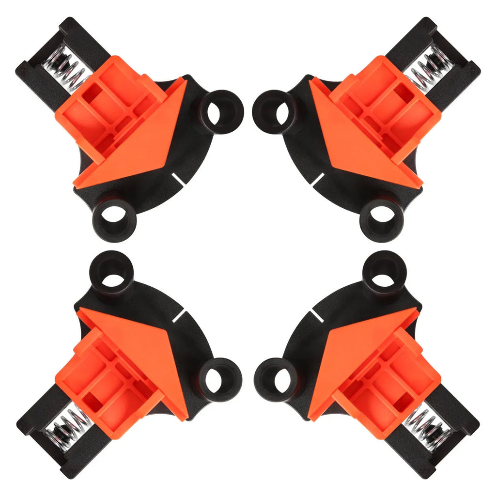 Four plastic 90 degree right angle woodworking clips for picture frame assembly