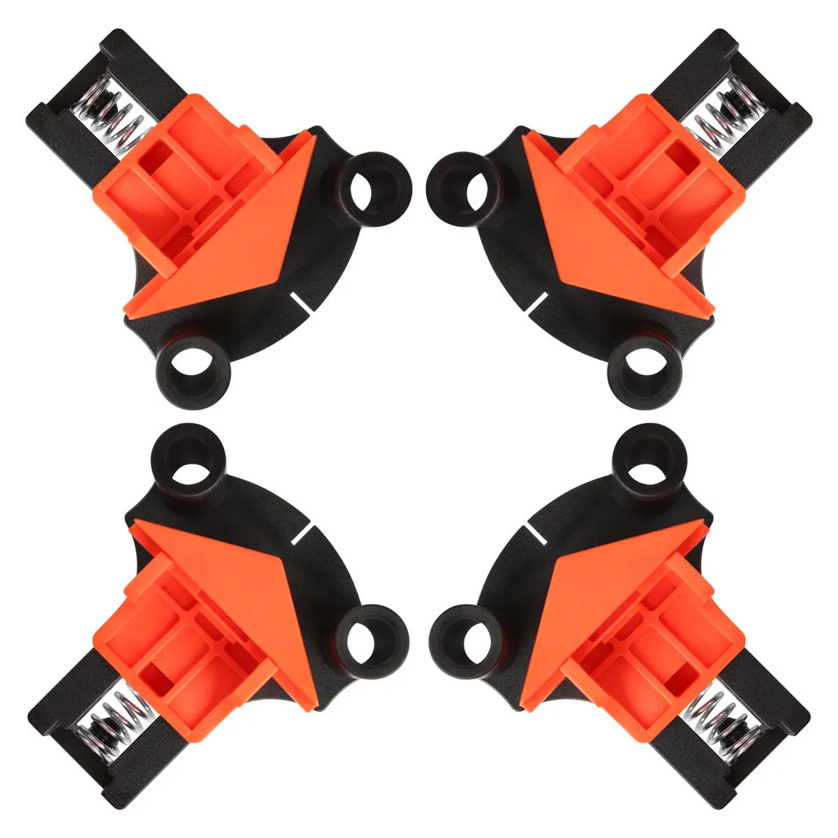 Four plastic 90 degree right angle woodworking clips for picture frame assembly