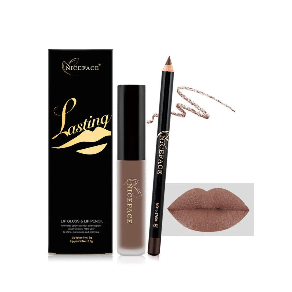 Matte lip gloss 5g and soft lip pencil 0.8g set in 12 colours with non-stick cup finish