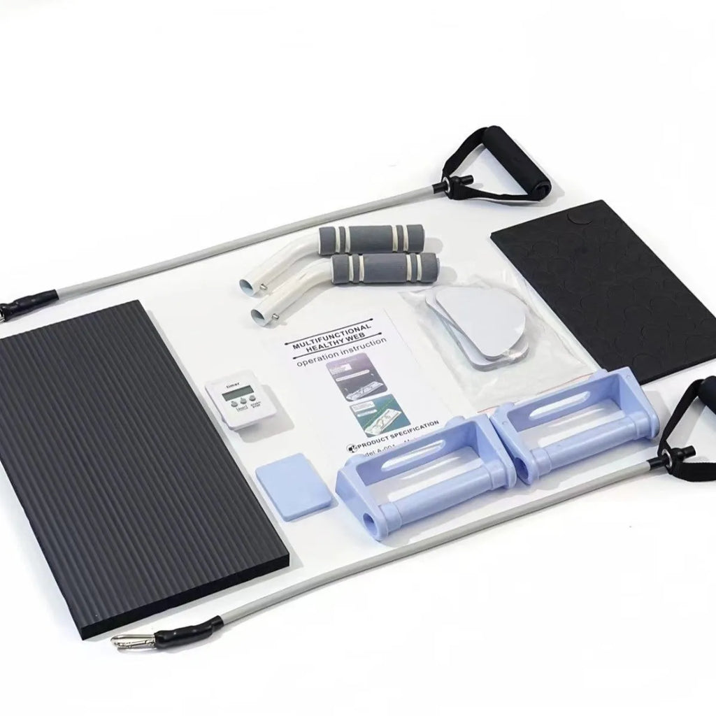 Purple foldable fitness belly board for abdominal exercises on a home floor
