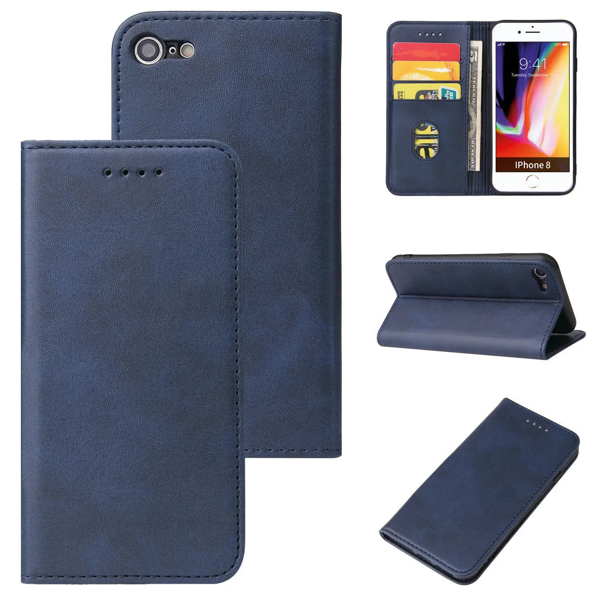 Leather flip case for Apple iPhone with TPU inner shell, card slots, and six colour options