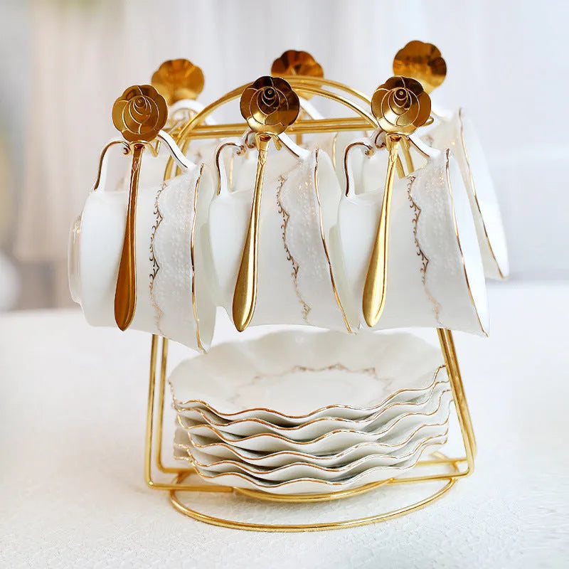 Afternoon tea set with 6 ceramic cups and saucers, borosilicate glass teapot, hand-painted gold, and iron frame spoon holder in gift box