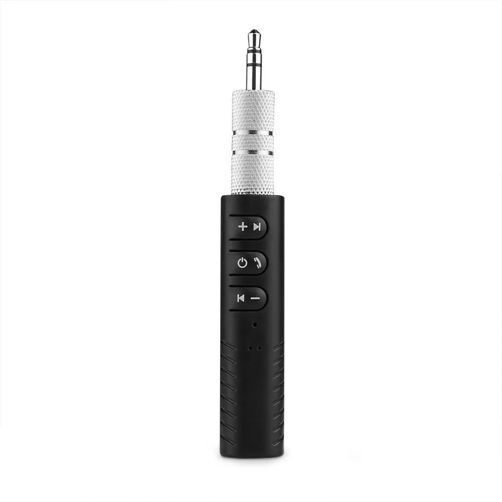 Black plastic Bluetooth car audio adapter with 3.5mm jack for wireless music streaming to car stereo