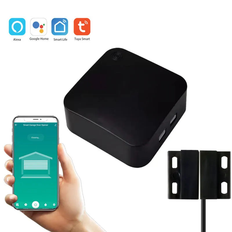 Black plastic WiFi garage door controller for remote and voice control via smartphone app.