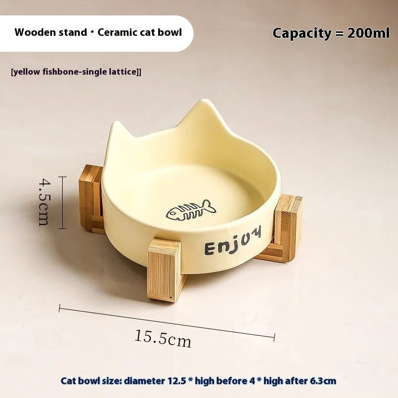 Ceramic cat bowl set with wooden anti-slip frame in cat paw design
