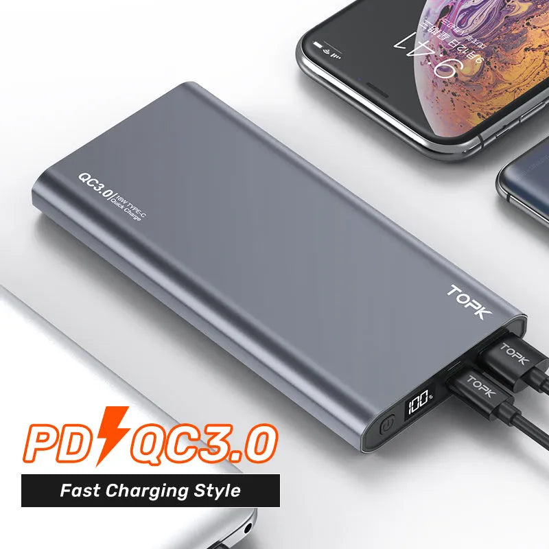 Silver 10,000mAh full metal shell fast charging power bank with digital display