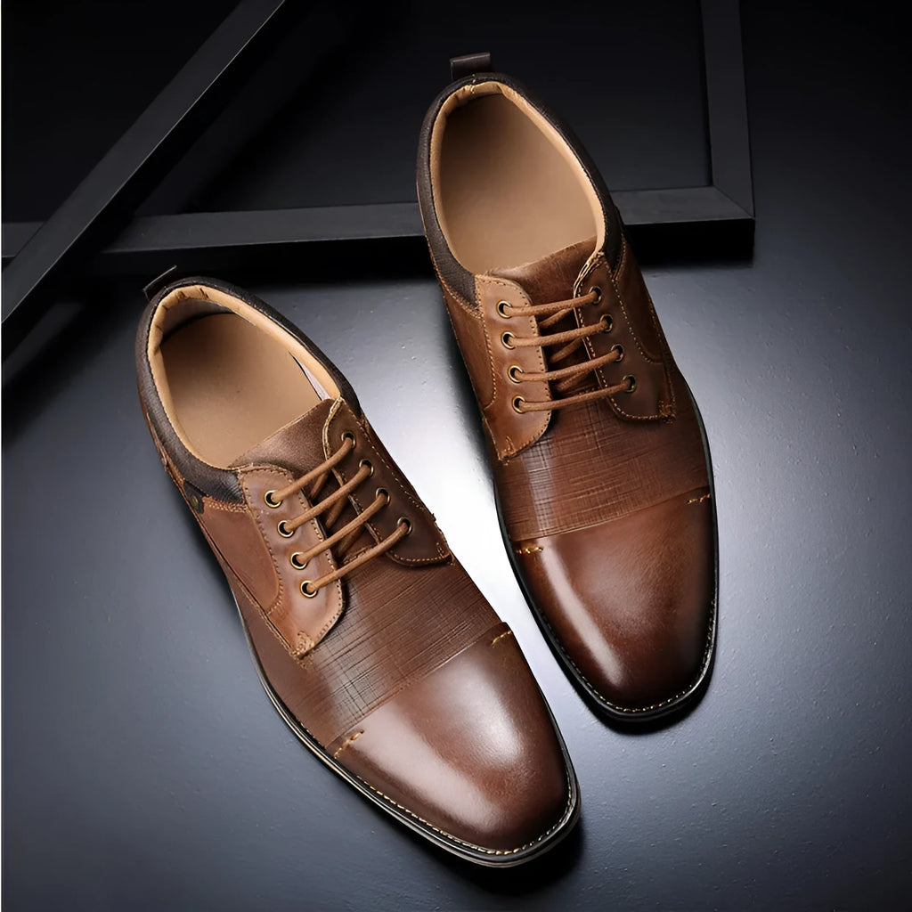 Pair of men's brown cowhide formal leather shoes with rubber soles, lace-up style, sizes 8 to 13