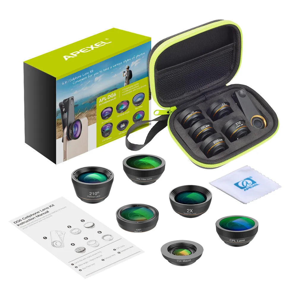 Black 6-in-1 smartphone camera lens kit with fisheye, wide-angle, macro, telephoto, CPL, and star filters next to universal clip.