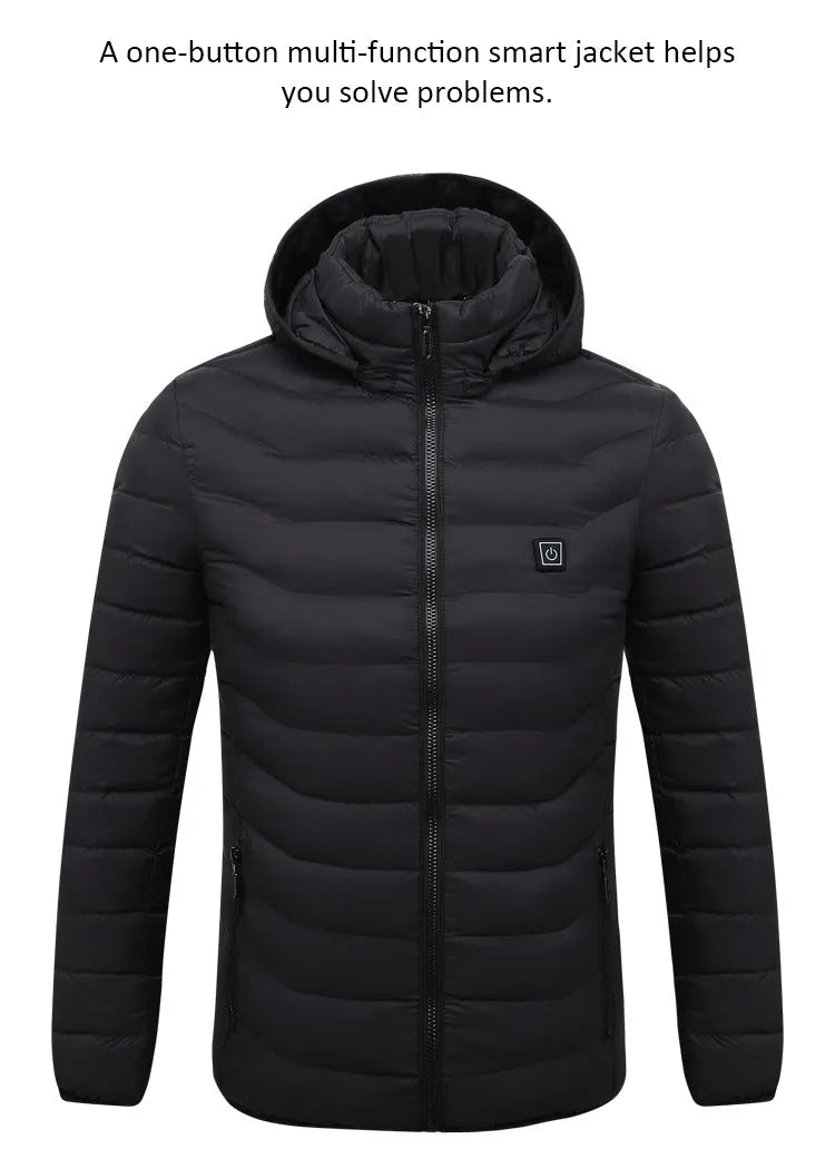 Men's USB heated jacket with carbon fiber pads, 3-level control, polyester shell, available in black, blue, red