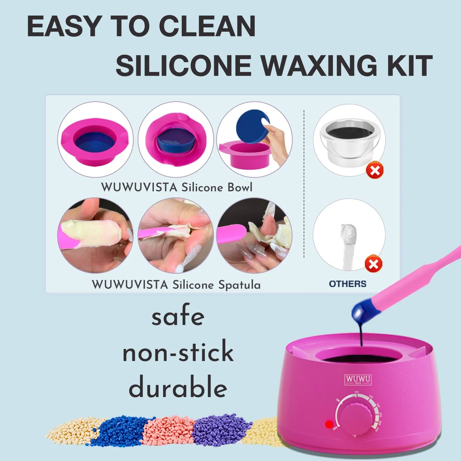 Waxing kit with black or pink wax warmer, hard wax beads, applicator sticks and silicone tools