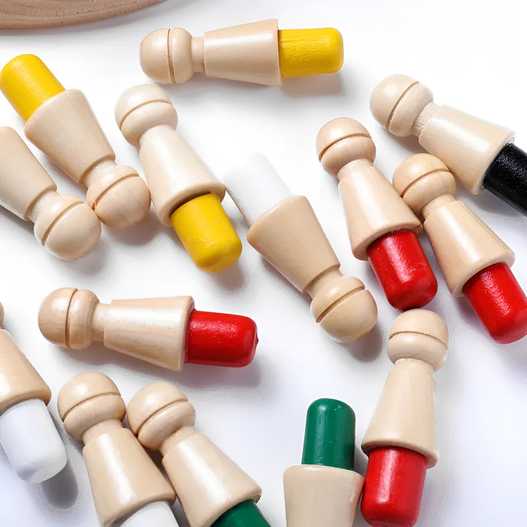 Wooden memory chess game for children with beech wood board and pieces for colour recognition learning