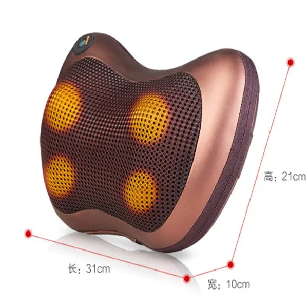 Electric neck massage pillow, coffee colour, 33x29x11cm, with infrared therapy and kneading rollers for home and car use.