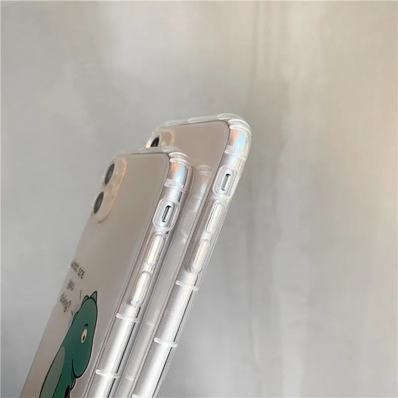 Transparent iPhone case with dinosaur design showing airbag anti-fall protection