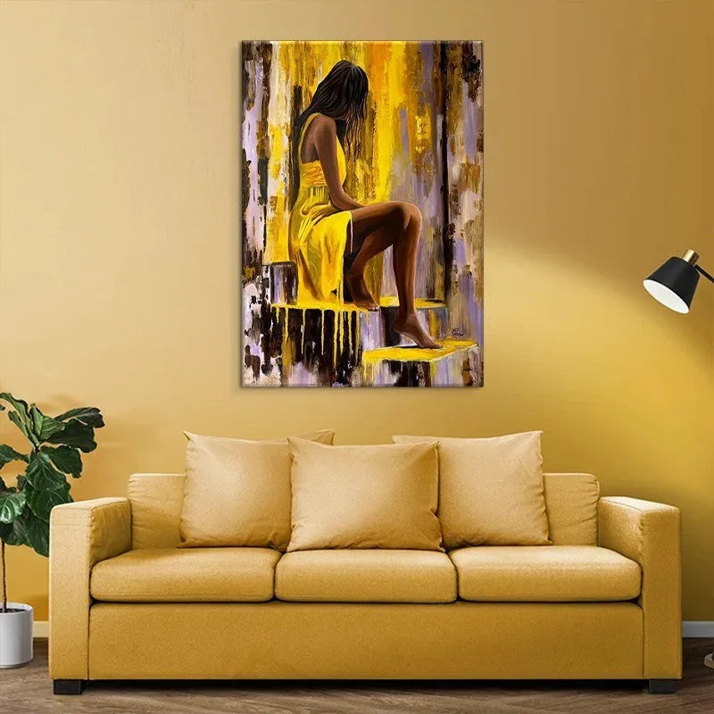 Hand-painted oil painting of a girl in a yellow dress on canvas for modern wall art