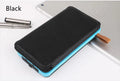 Black outdoor solar power bank with a solar panel, LED light, and soft leather texture, shown with a charging cable.