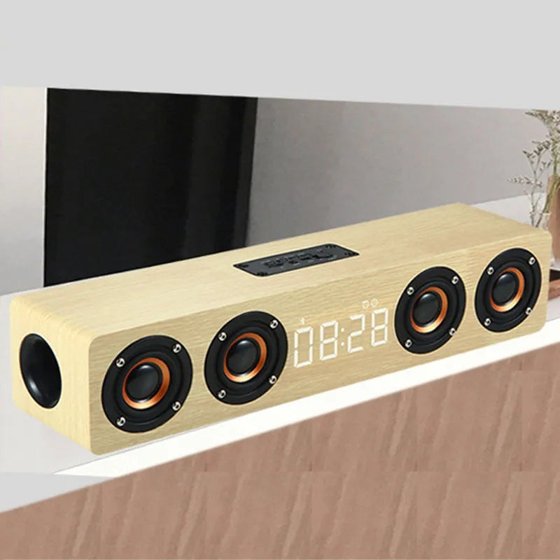 Wooden Bluetooth soundbar speaker, four speakers, 20W output, 380 x 80 x 9mm, yellow or brown wood grain