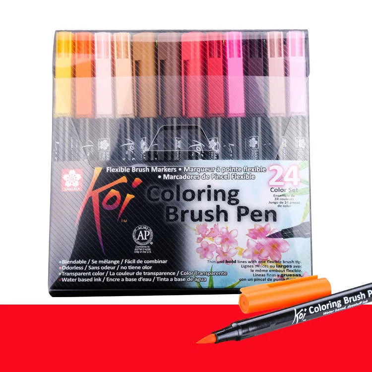 Set of watercolour brush markers in 12 colours with soft tips for painting.