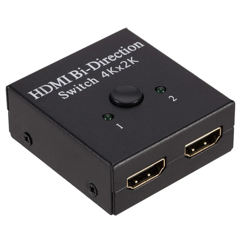 Black HDMI switcher with two input ports and one output port for 4K 2K video switching
