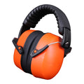 Orange head-mounted noise-cancelling earmuffs with adjustable elastic headband and large black ear cups on a grey background.