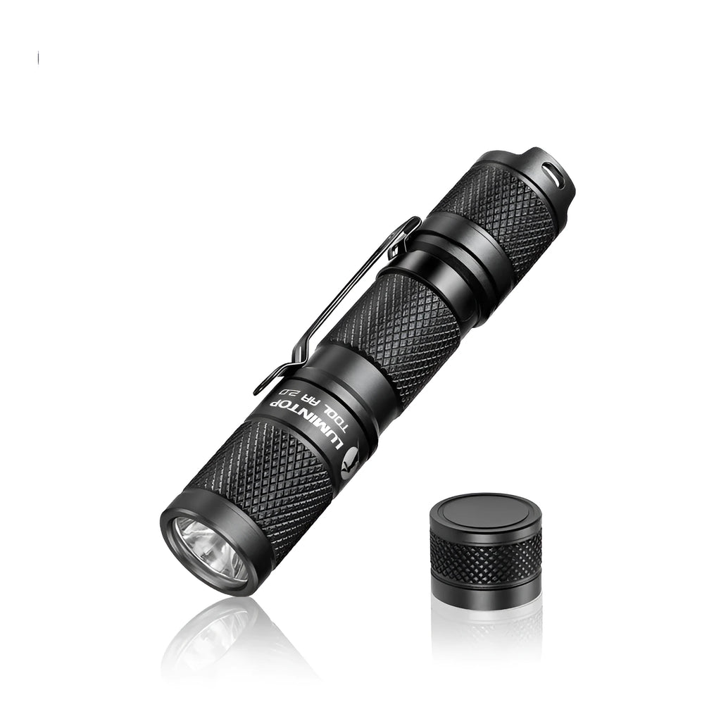 Black Lumintop Tool AA 2.0 aluminium keychain flashlight with magnetic tail cap on a keyring.
