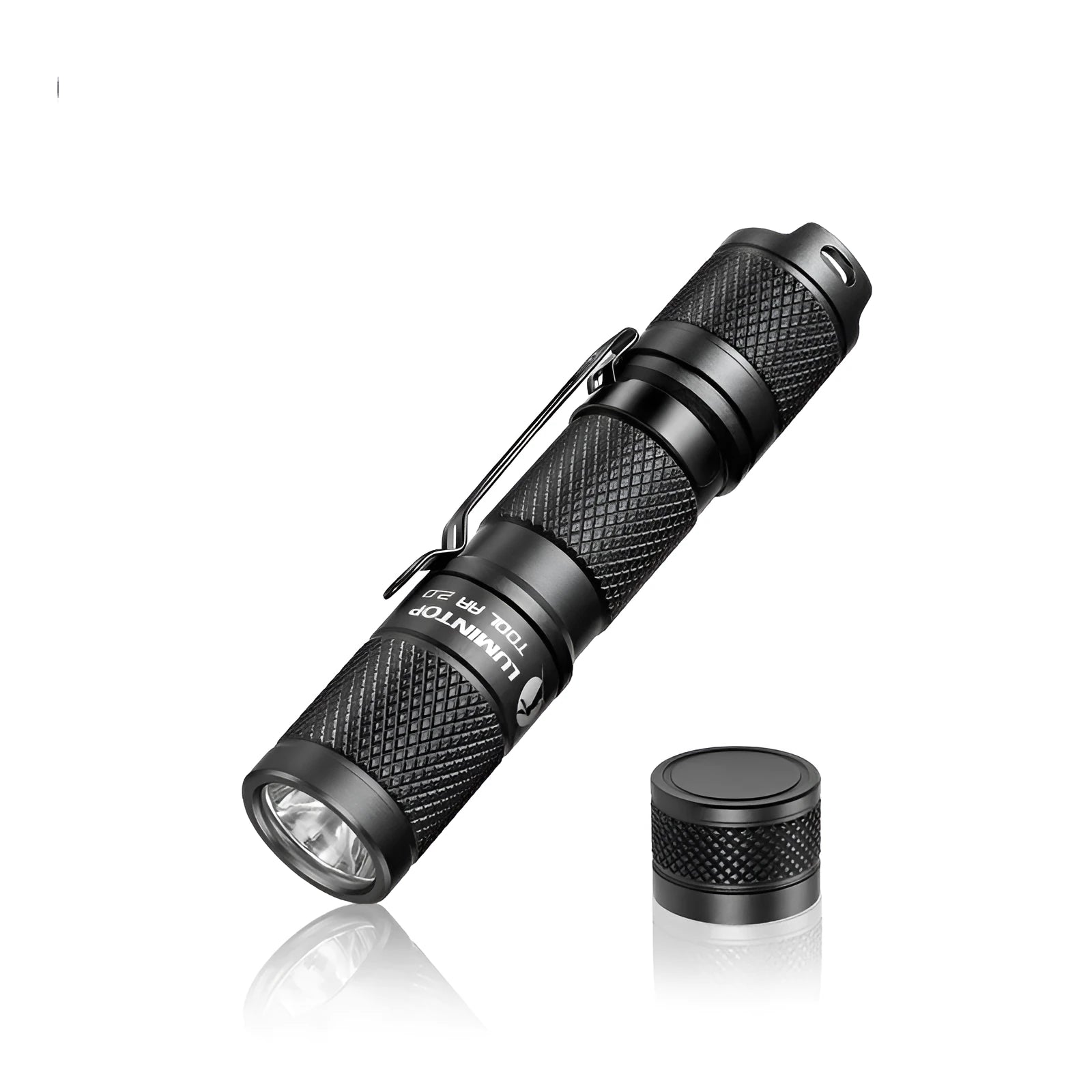 Black Lumintop Tool AA 2.0 aluminium keychain flashlight with magnetic tail cap on a keyring.