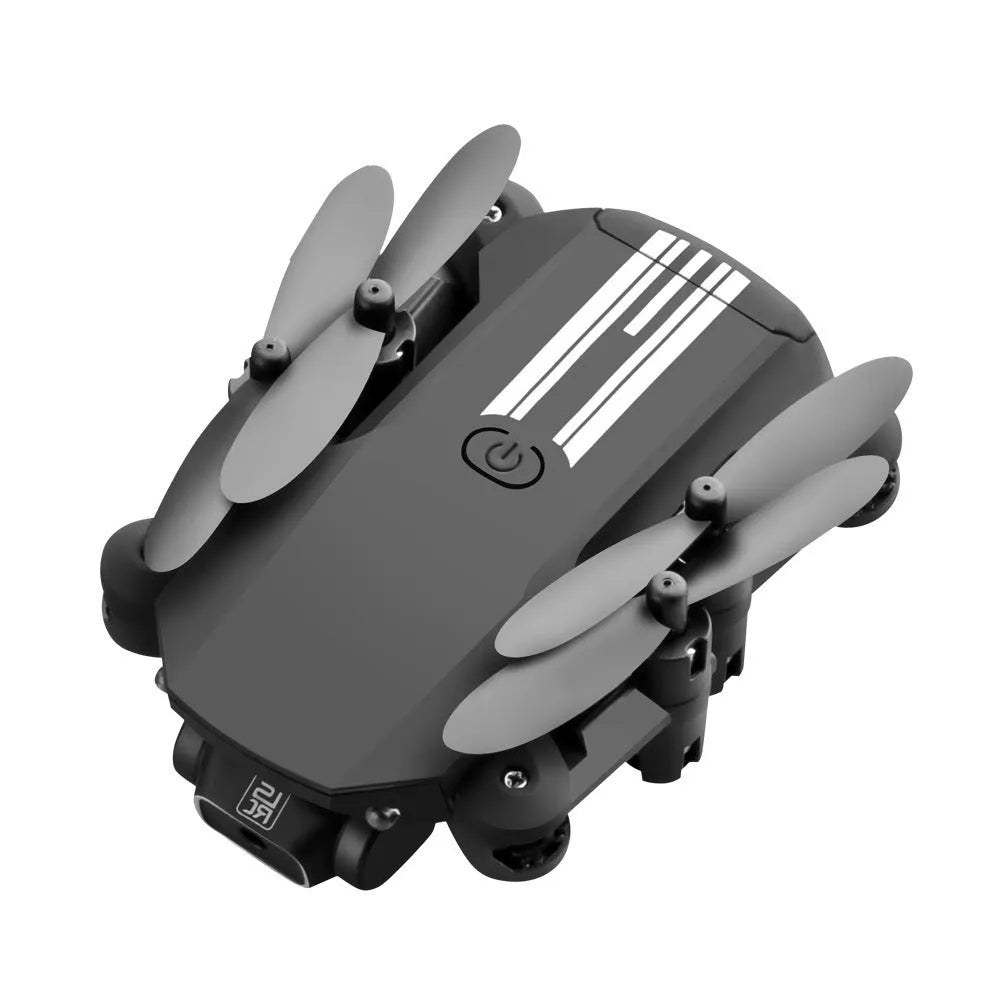 LS Mini foldable drone with 4K camera in black and grey, unfolded on a flat surface