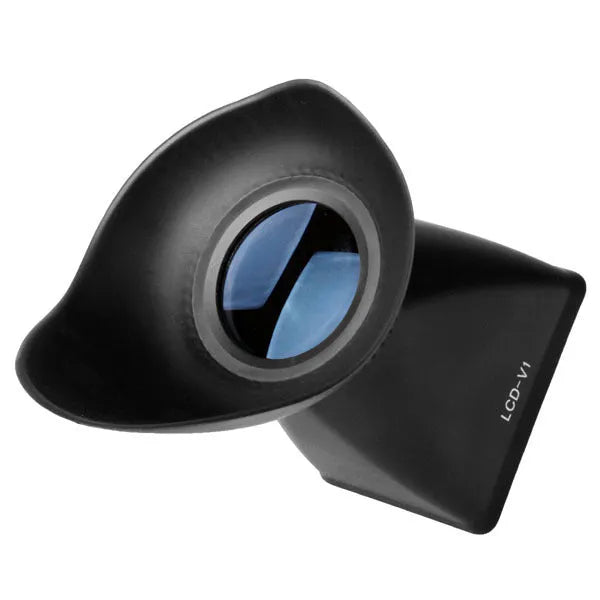 Black camera viewfinder amplifier with optical lens, shown mounted on a DSLR camera LCD screen.